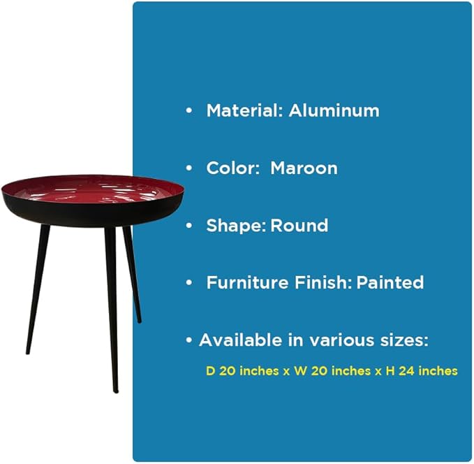 LIVEVIE Bregenz Collection Enamel-Coated Metal End Table Versatile Indoor Decor &amp; Serving Table for Home and Office, Maroon, 20 x 24 inches