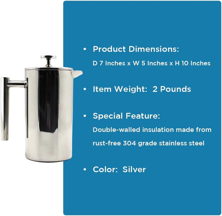 LIVEVIE Double-Walled Stainless Steel French Press Coffee Maker - Rust-Free 304 Grade Steel - Granule-Free Coffee and Tea Brewer - Stylish and Durable Design 32oz