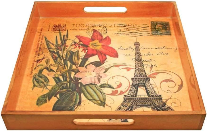 Paris Themed Serving Tray - Elegant 15" Square Platter for Breakfast, Appetizers, Coffee, Bar, and D?cor - Wooden with Vibrant Artwork