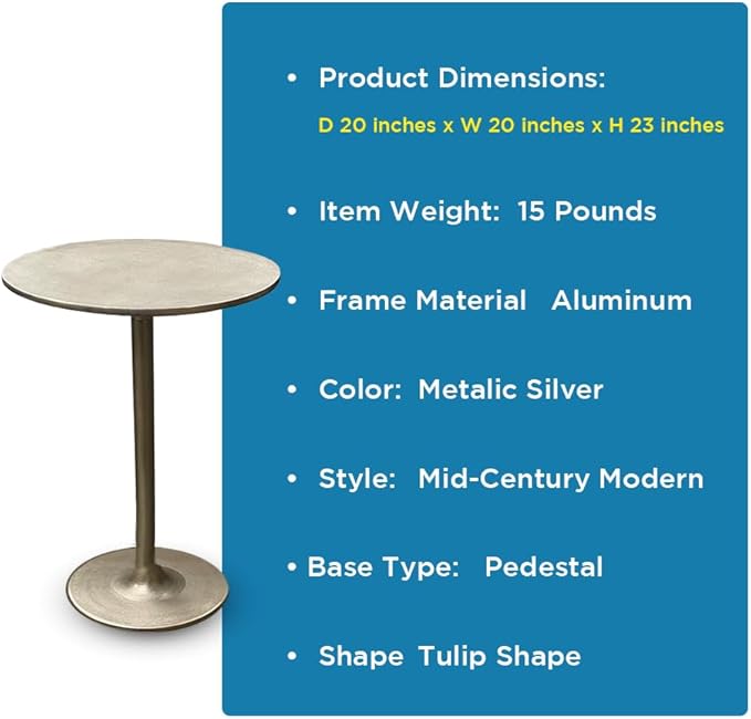 LIVEVIE Salvatore Collection Classic Cast Aluminum Pedestal Table - Multi-Purpose Decorative Table for Home &amp; Office Use, Metalic Silver