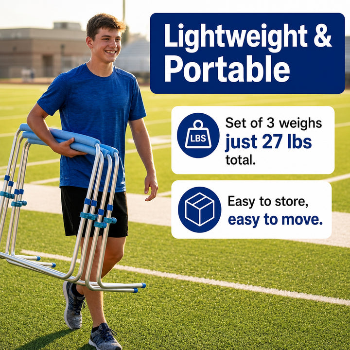 Amber Fight Gear Enhanced Training Agility Hurdles: Premium Self-Return Aluminum Set for Track, Field, Soccer, Football - Adjustable 27" to 42" - Versatile Performance Tools (Set of 3)