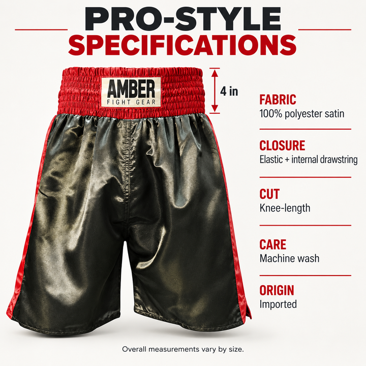 Amber Fight Gear Satin Pro-Style Boxing Trunks with Leg Slits