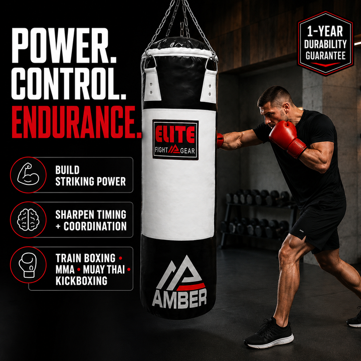 Elite Strikeforce Heavybag for Boxing, Kickboxing, MMA, Muay Thai ToughTek Leather, Triple Stitched, Sand Weighted, D-Ring, Chains &amp; Swivel