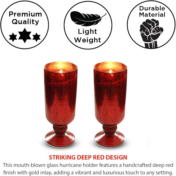 Garnet Collection Glass Hurricane Candle Holder - Deep Red with Gold Inlay for Elegant Table Decorations and Centerpieces - Ideal Wedding Gift and Romantic Accent D?cor (Set of 2, Small)