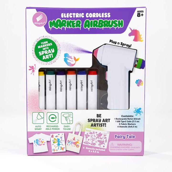 Electric Cordless Marker Airbrush Kit, Mermaid, Includes 1 Airbrush, 6 Jumbo Markers, 4 Plastic Stencils, USB Cable &amp; Instruction Sheet, Kids Arts &amp; Crafts Drawing Tool, Safe &amp; Easy to Use
