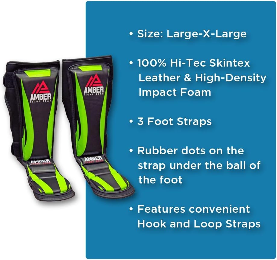 Ultimate Shield Muay Thai Shin &amp; Instep Guards, 100% Hi-Tec Skintex Leather, High-Density Foam Padding, Three-Foot Straps, Rubber Traction Dots, Ideal for Kickboxing Training
