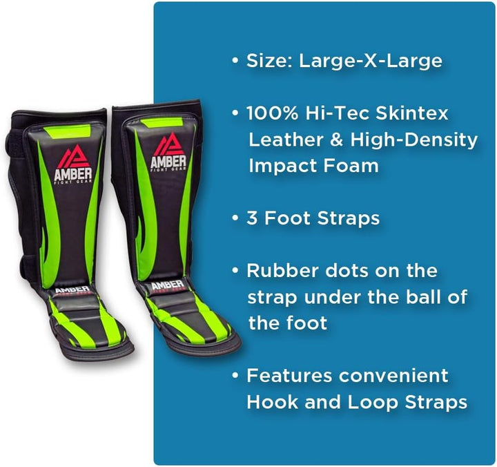 Ultimate Shield Muay Thai Shin &amp; Instep Guards, 100% Hi-Tec Skintex Leather, High-Density Foam Padding, Three-Foot Straps, Rubber Traction Dots, Ideal for Kickboxing Training