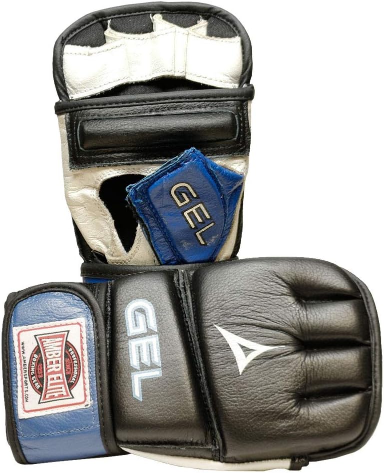 Gel Sparring MMA Glove, Real Leather Combat Mitts, Shock Absorbing Gel Padding for Grappling, Punching Bag, Cage Fighting, Muay Thai, UFC Training, Open Palm, Wrist Support, Half Thumb