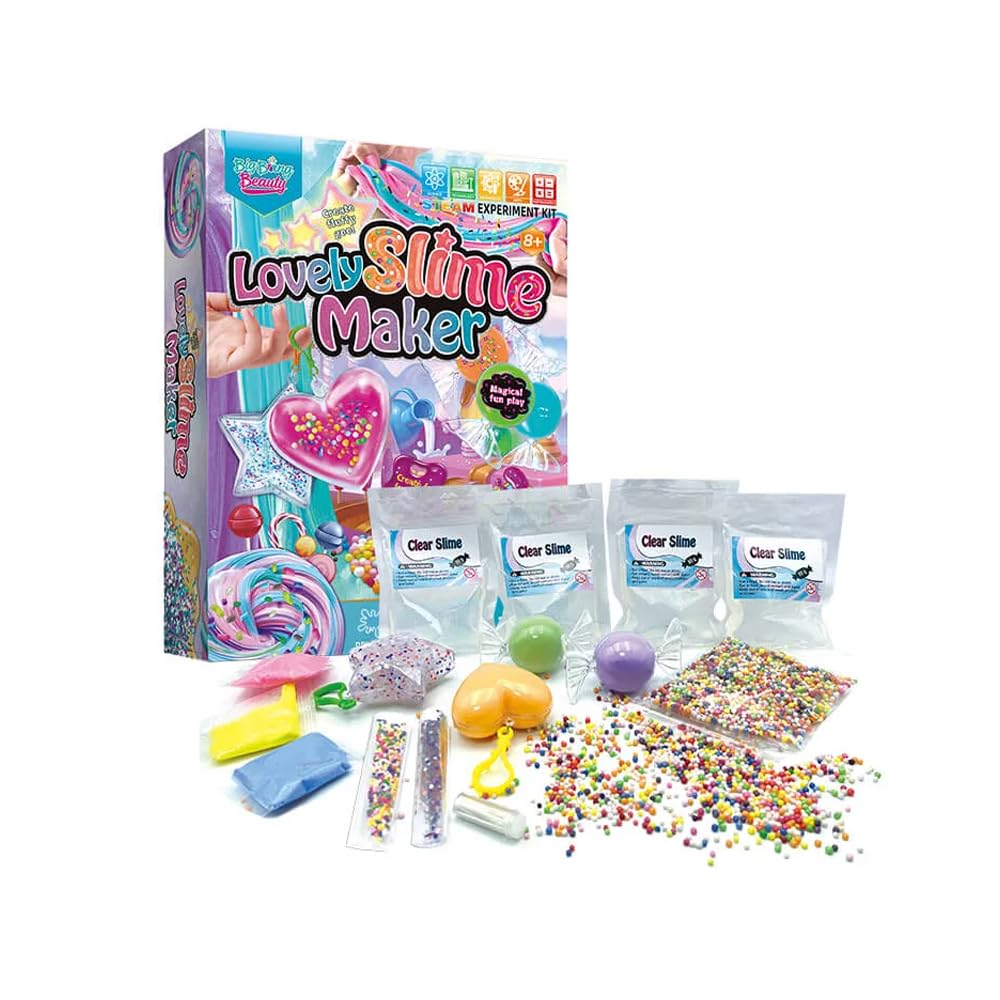 Lovely Slime Maker Kit for Kids - Includes 10 Pre-Made Rainbow Slimes, Candy Pellets, Heart &amp; Star Molds - DIY Glitter, Fluffy, Clear, and Glow-in-The-Dark Slime - Safe, Non-Toxic, Creative Fun