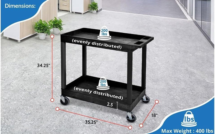 Mobile Multipurpose Utility Tub Cart with 2 Shelves, Push Handle, 400 lbs Capacity - Black, Ideal for Garage, Warehouse, Office, and More, 32 x 18 Inches