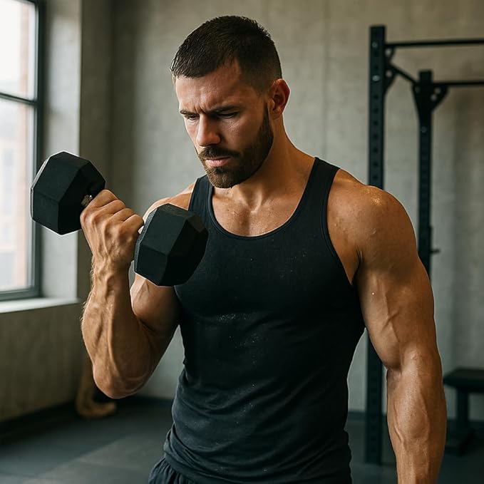 Rubber Encased Hex Dumbbell Weight, Solid Cast Iron Core, Chrome Knurled Handle, Anti-Roll Hex Design, Single Dumbbell for Strength Training, Available 3lb to 100lb