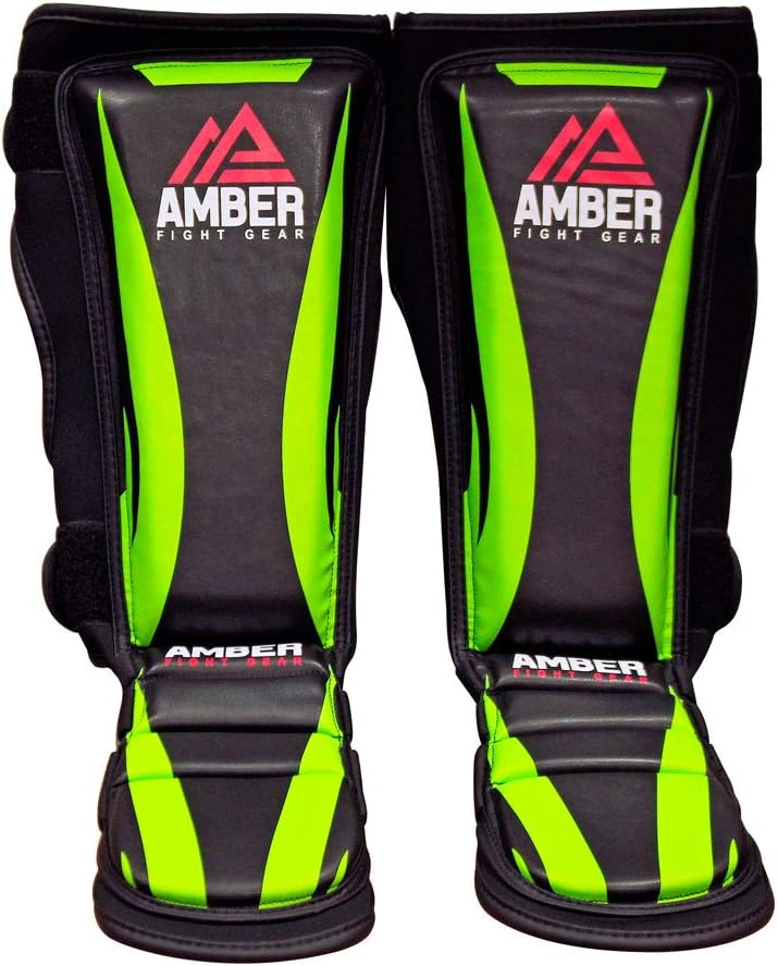Ultimate Shield Muay Thai Shin &amp; Instep Guards, 100% Hi-Tec Skintex Leather, High-Density Foam Padding, Three-Foot Straps, Rubber Traction Dots, Ideal for Kickboxing Training