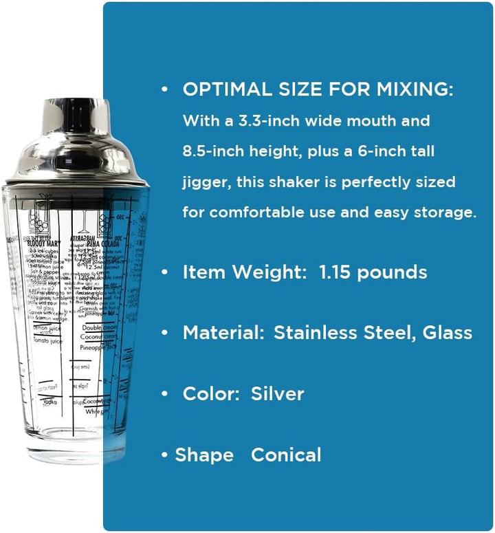 Premium Glass Bottom Cocktail Shaker with Stainless Steel Top - Professional Quality, Built-in Recipes, Perfect Size, Unique Gift, Hand Wash Jigger