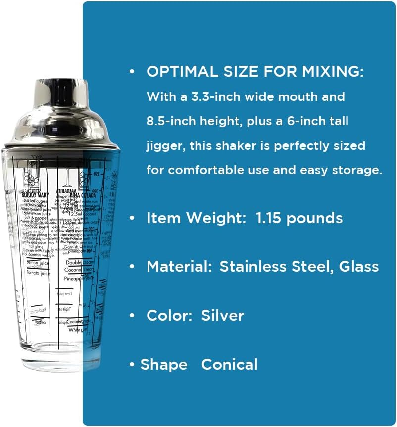 Premium Glass Bottom Cocktail Shaker with Stainless Steel Top - Professional Quality, Built-in Recipes, Perfect Size, Unique Gift, Hand Wash Jigger