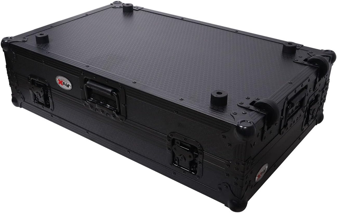ProX XS-DDJFLX10WLTBL ATA Flight Style Road Case For Pioneer DDJ-FLX10 DJ Controller with Laptop Shelf 1U Rack Space Wheels and LED Black Finish