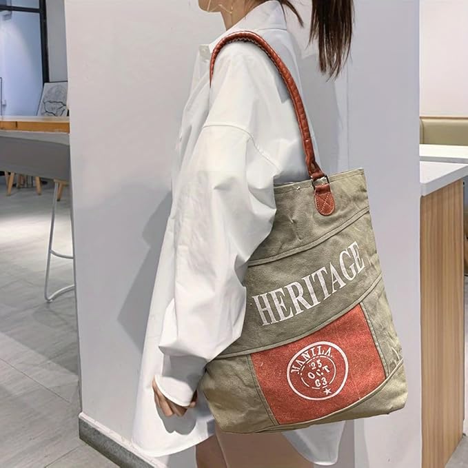 Amber Fight Gear Recycled Canvas Vintage Era Print Bag Market Beach Travel Reusable Grocery Shopping Tote Bag Portable Storage Hand Bags 14?x16?