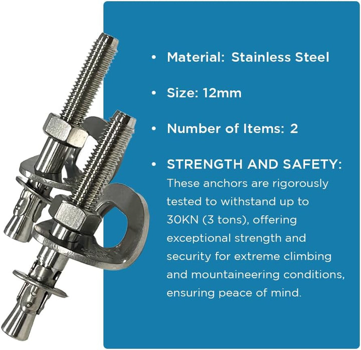 Heavy-Duty Climbing Holds Anchor Set - 2PCS, 12MM Bolt/30KN Stainless Steel, Anti-Flip Design for Secure Climbing, Indoor &amp; Outdoor Use, 3000KG Capacity, Versatile for Training &amp; Mountaineering