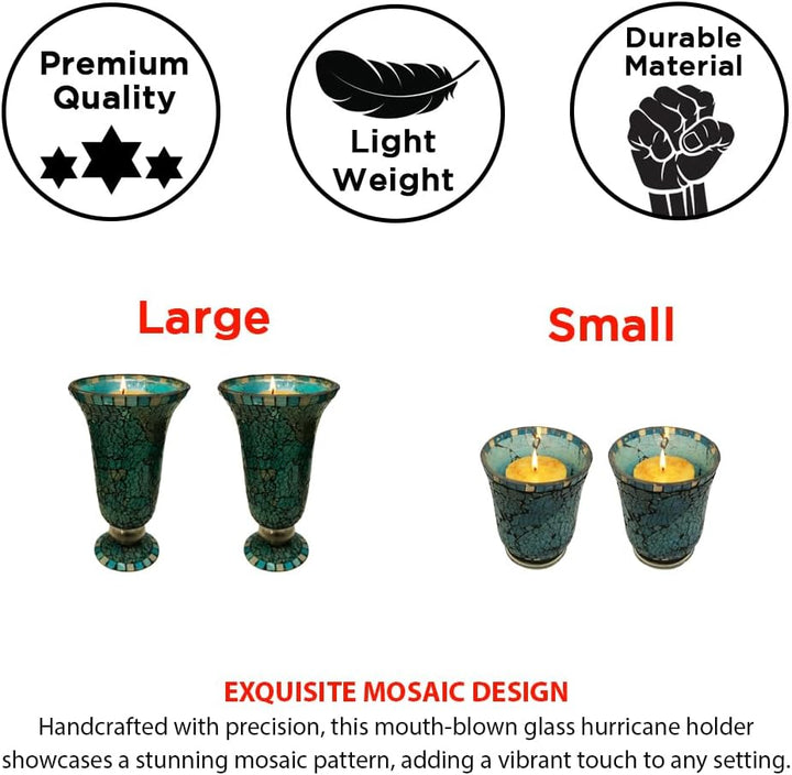 Blue Moon Glass Hurricane Candle Holder - Elegant Mosaic Table Decorations and Centerpieces for Dining/Living Room - Ideal Wedding Gift and Romantic Accent D?cor (Set of 2, Large)