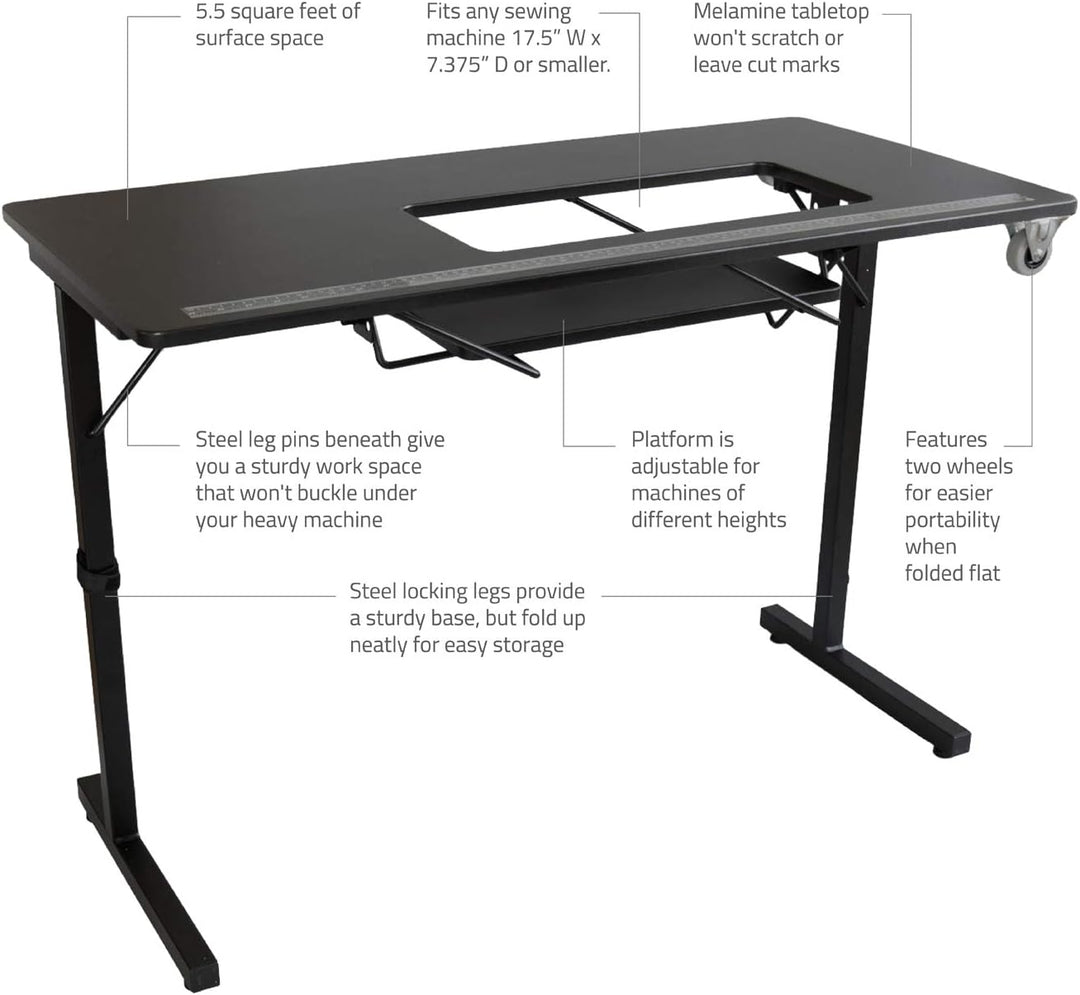 SewingRite SewStation 101 Portable Folding Sewing Table with Steel Legs, Black - Perfect for Home, Office and Business