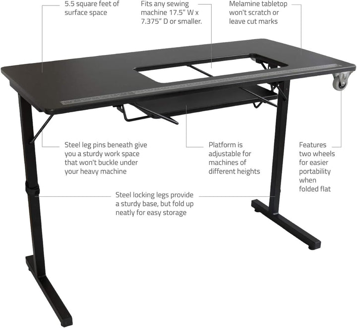 SewingRite SewStation 101 Portable Folding Sewing Table with Steel Legs, Black - Perfect for Home, Office and Business