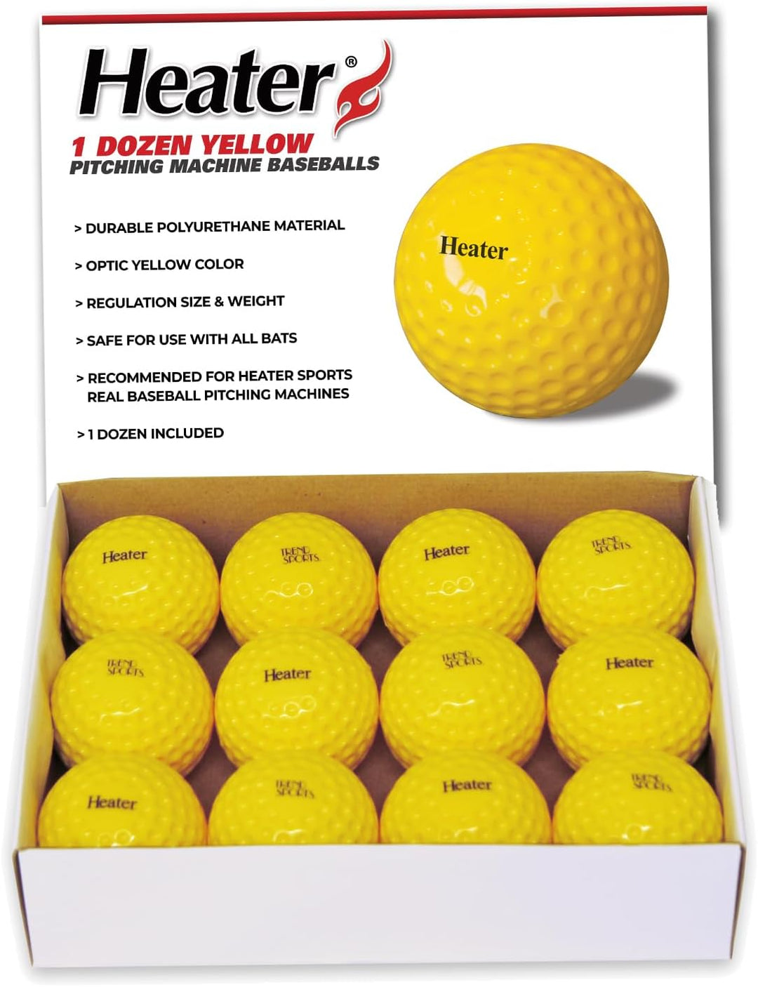 Heater Yellow Dimpled Baseballs, 1 Dozen, Polyurethane Material, Optic Yellow Color, for Use in Real Ball Pitching Machines