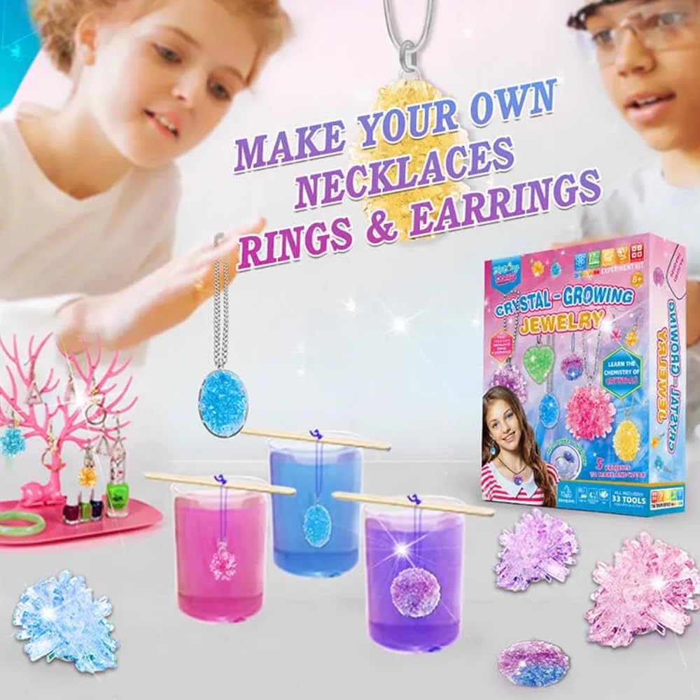 LIVEVIE Crystal Growing Jewelry Kit, Create 6 Jewelry Pieces for Kids - DIY Sparkling Pendants, Necklaces &amp; Earrings Educational Science Kit for Hands-On Learning &amp; Creativity