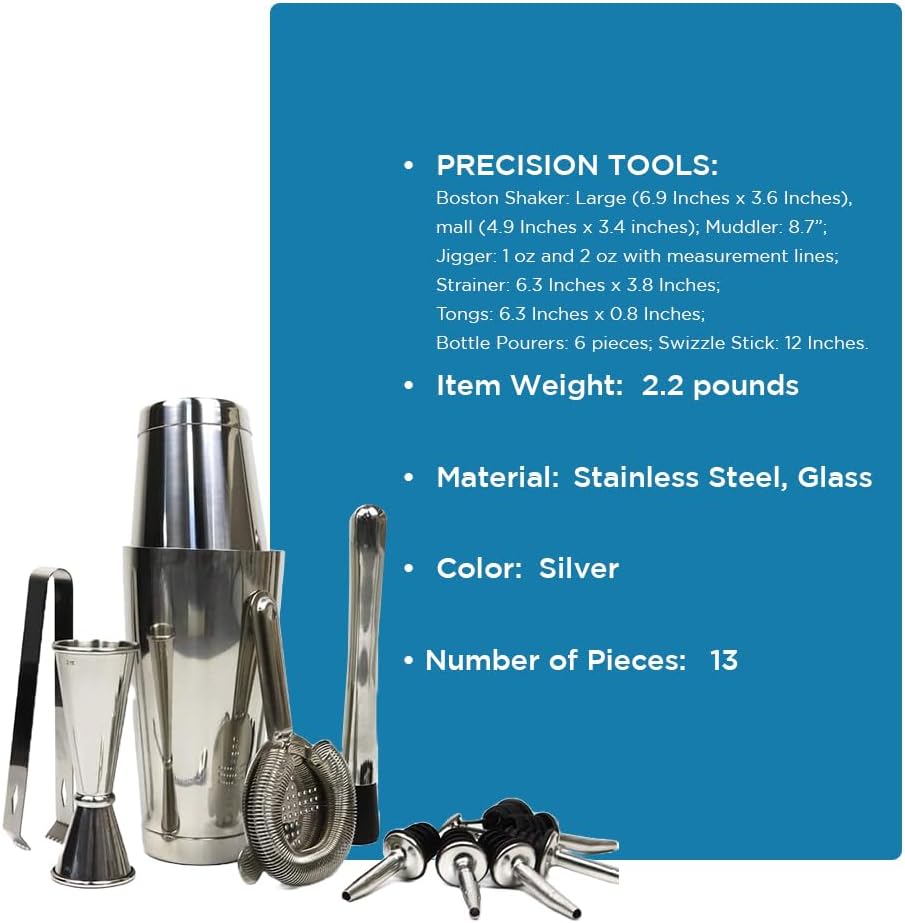 Boston Cocktail Shaker Set, 13-Piece Professional Bartender Kit with Stainless Steel Shakers, Jigger, Strainer, Muddler, Tongs, Bottle Pourers &amp; Swizzle Stick for Home &amp; Professional Bars
