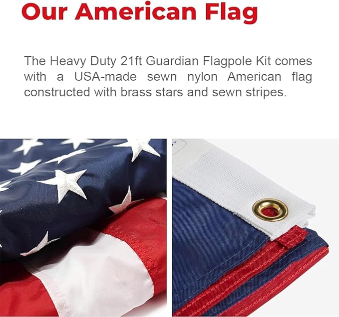 LIVEVIE Heavy Duty 21ft Guardian Flagpole Kit - Dual Flag, 360? Swivel, Wind-Resistant to 130 MPH, Durable &amp; Versatile for American Flag, Easy Installation, Complete Set