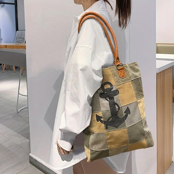 Amber Fight Gear Recycled Canvas Anchor Print Bag Market Beach Travel Reusable Grocery Shopping Tote Bag Portable Storage Hand Bags 14?x16?