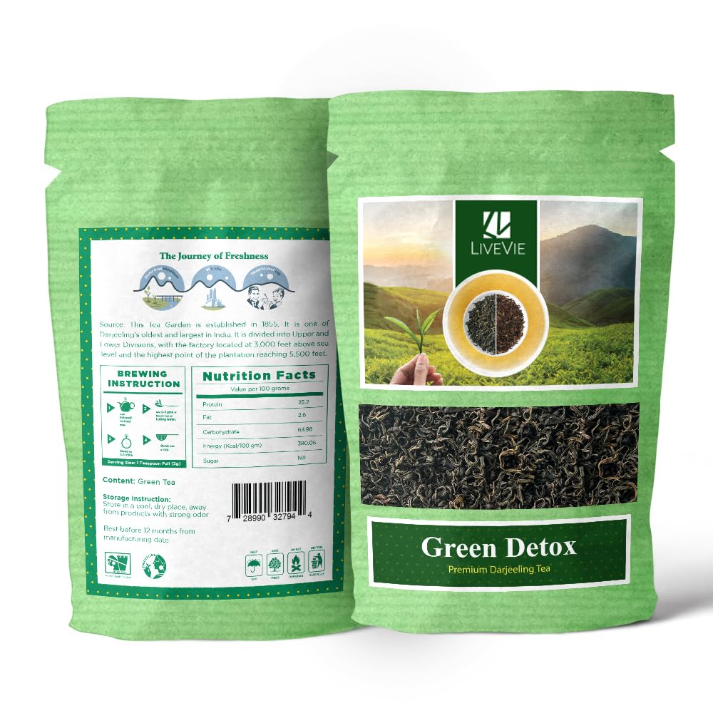 Darjeeling Green Tea - Green Detox, Premium Loose Leaf, Fresh &amp; Organic, Handpicked, Natural Detoxifying Properties, 3.5 oz Pack for a Superior Tea Experience