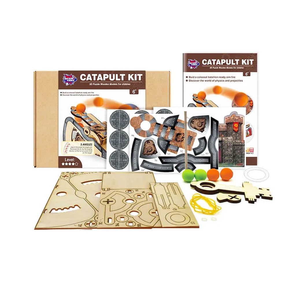 LIVEVIE 3D Wooden Catapult Kit STEM Toy for Kids, Includes Panels, Elastic Bands, and EVA Balls, Explore Physics Principles of Force, Trajectory, and Levers, Educational Craft Kit