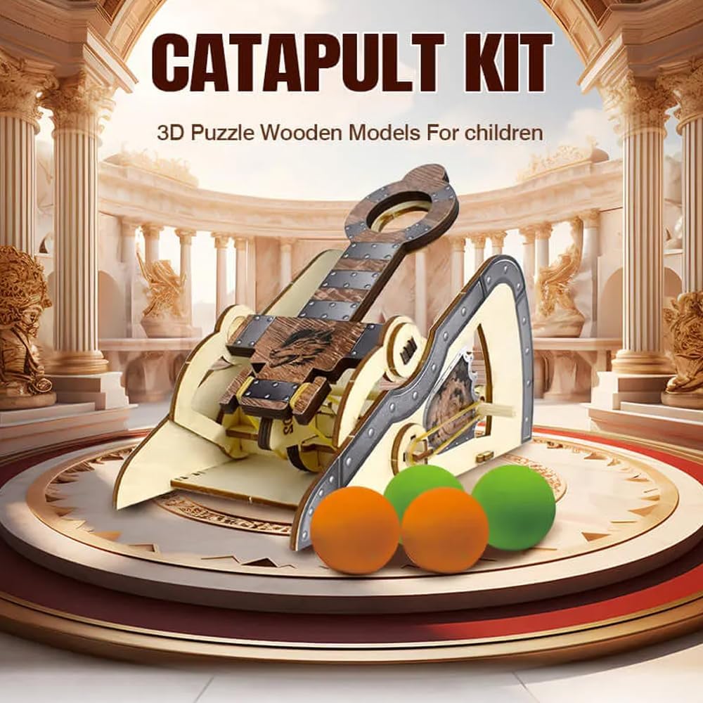 LIVEVIE 3D Wooden Catapult Kit STEM Toy for Kids, Includes Panels, Elastic Bands, and EVA Balls, Explore Physics Principles of Force, Trajectory, and Levers, Educational Craft Kit