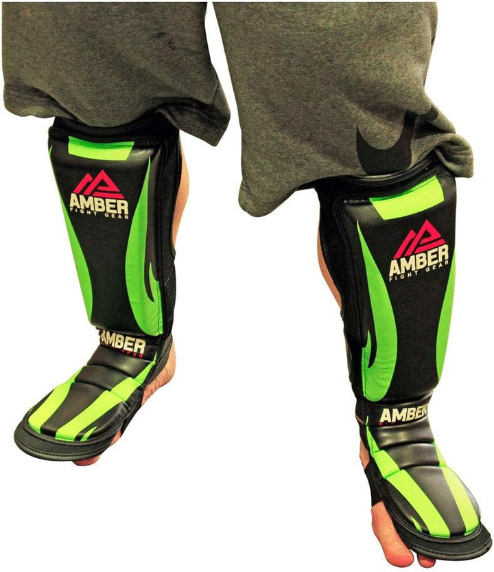 Ultimate Shield Muay Thai Shin &amp; Instep Guards, 100% Hi-Tec Skintex Leather, High-Density Foam Padding, Three-Foot Straps, Rubber Traction Dots, Ideal for Kickboxing Training