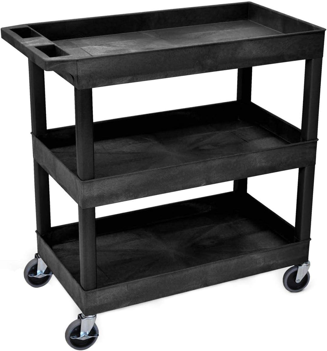 Mobile Multipurpose Utility Tub Cart with 3 Shelves, Ergonomic Handle &amp; Heavy-Duty Casters, Black ? Ideal for Warehouse, Garage, Shop, Office, &amp; Cafes ? 400 lbs Capacity, 32 x 18 Inches