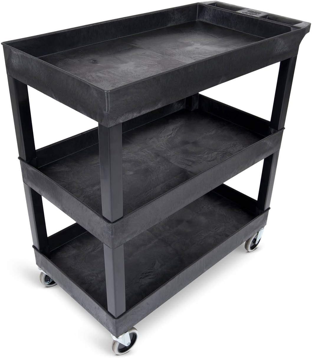 Mobile Multipurpose Utility Tub Cart with 3 Shelves, Ergonomic Handle &amp; Heavy-Duty Casters, Black ? Ideal for Warehouse, Garage, Shop, Office, &amp; Cafes ? 400 lbs Capacity, 32 x 18 Inches