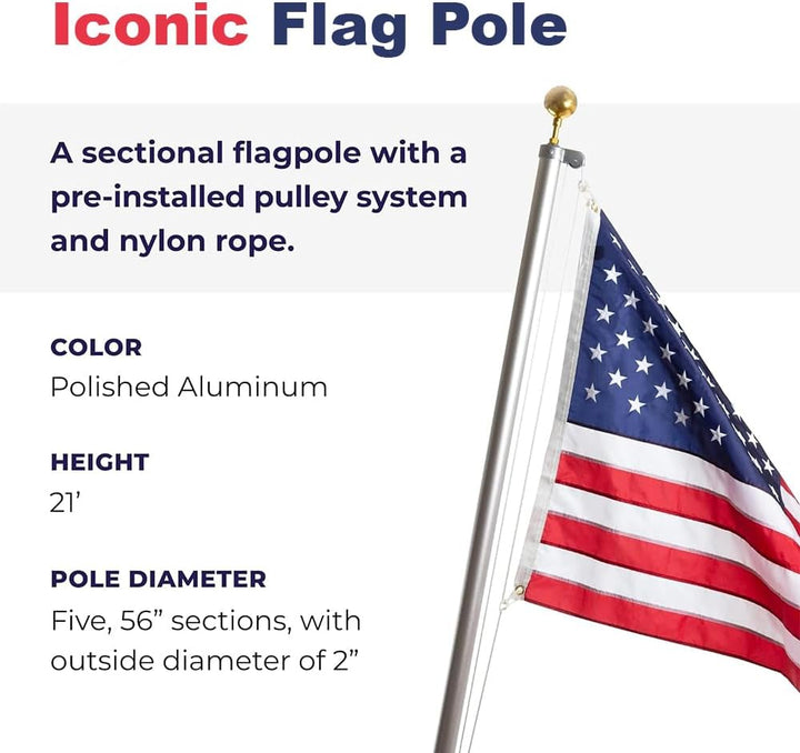 LIVEVIE Iconic Flag Pole Timeless Tradition &amp; Craftsmanship, Rust-Free Aluminum, Elegant Design, Complete Kit, Traditional Sectional, Rope System, 21-ft Length, Withstands Winds up to 130 MPH