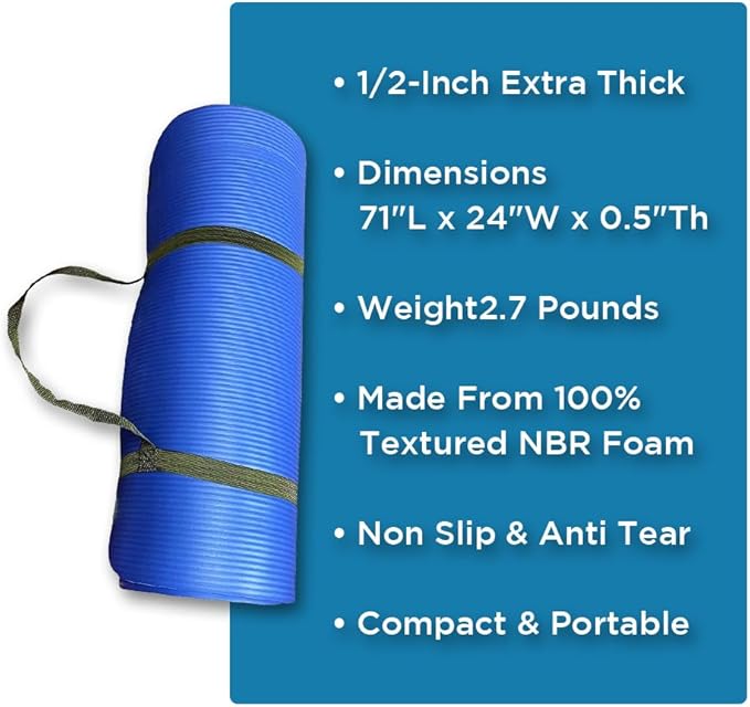 Premium 1/2-Inch Extra Thick Exercise Yoga Mat, Non-Slip Anti-Tear, Carry Strap, Indoor &amp; Outdoor Fitness Mat, 71? Long 24? Wide