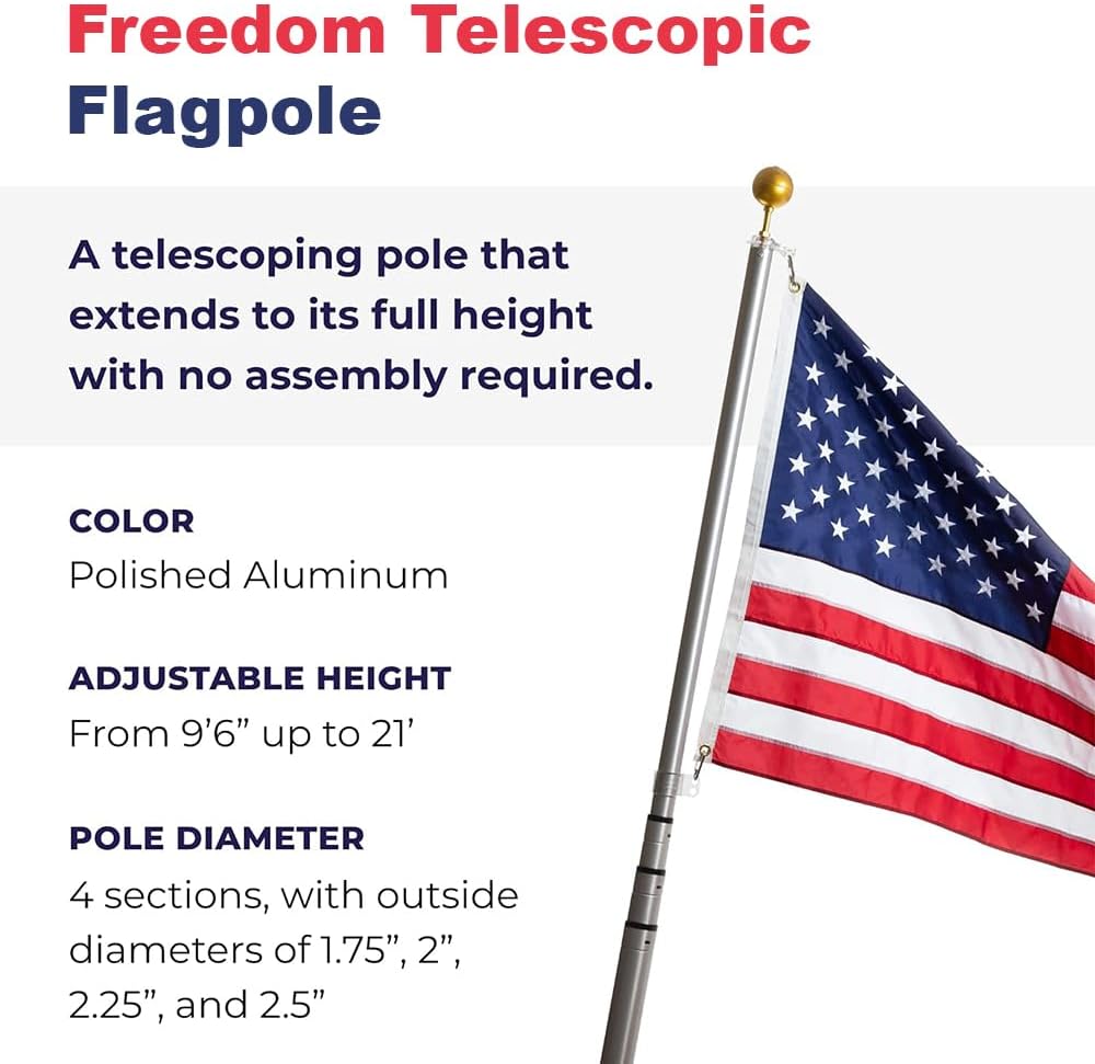 LIVEVIE Freedom Telescopic Flagpole - Elegant American Craftsmanship, Patented Security, Twist-and-Button Lock, 360? &