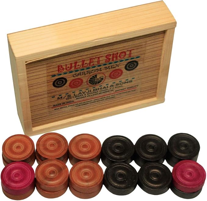 Bullet Shot Carrom Board Coins, Professional Wooden Carrom Coins Set (24 Pcs), Club &amp; Tournament-Grade Carrom Men, Durable Lightweight Wooden Checkers, Approved by International Carrom Federation