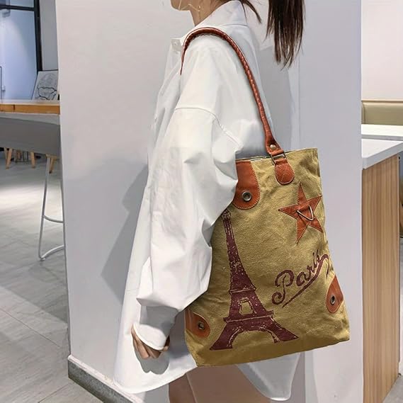 Amber Fight Gear Recycled Canvas Vintage Paris Streeter Bag Market Beach Travel Reusable Grocery Shopping Tote Bag Portable Storage Hand Bags 14?x16?