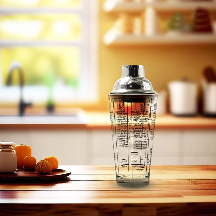 Premium Glass Bottom Cocktail Shaker with Stainless Steel Top - Professional Quality, Built-in Recipes, Perfect Size, Unique Gift, Hand Wash Jigger
