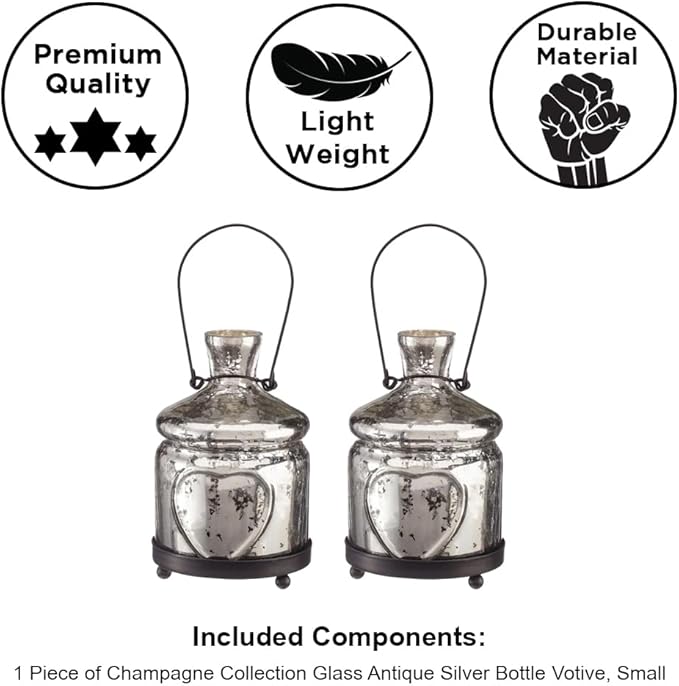Antique Silver Bottle Votive Candle Holders - Handmade Glass for Weddings and Home D?cor (Set of 2)