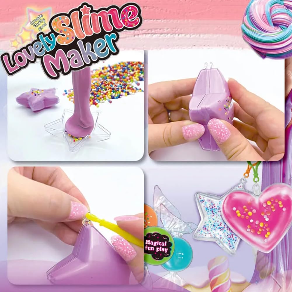 Lovely Slime Maker Kit for Kids - Includes 10 Pre-Made Rainbow Slimes, Candy Pellets, Heart &amp; Star Molds - DIY Glitter, Fluffy, Clear, and Glow-in-The-Dark Slime - Safe, Non-Toxic, Creative Fun
