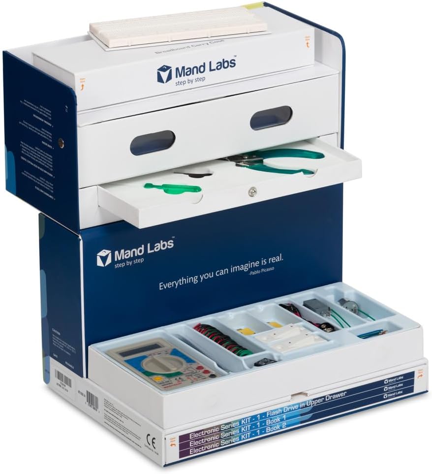 Mand Labs KIT-1 Standard Edition Version 4 STEM Electronics Kit with 57 Projects, 136 Components, 2 Guide Books, 60 Videos, and Flash Drive for DIY Learning in Electronics and Robotics