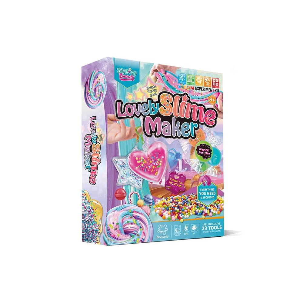 Lovely Slime Maker Kit for Kids - Includes 10 Pre-Made Rainbow Slimes, Candy Pellets, Heart &amp; Star Molds - DIY Glitter, Fluffy, Clear, and Glow-in-The-Dark Slime - Safe, Non-Toxic, Creative Fun