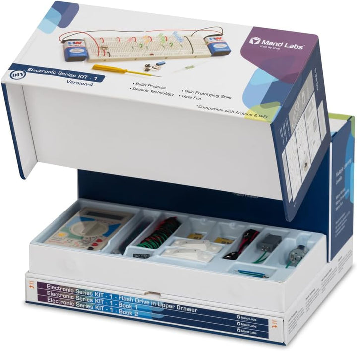 Mand Labs KIT-1 Standard Edition Version 4 STEM Electronics Kit with 57 Projects, 136 Components, 2 Guide Books, 60 Videos, and Flash Drive for DIY Learning in Electronics and Robotics