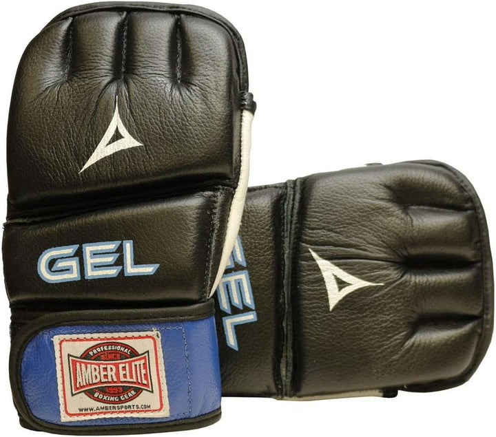 Gel Sparring MMA Glove, Real Leather Combat Mitts, Shock Absorbing Gel Padding for Grappling, Punching Bag, Cage Fighting, Muay Thai, UFC Training, Open Palm, Wrist Support, Half Thumb
