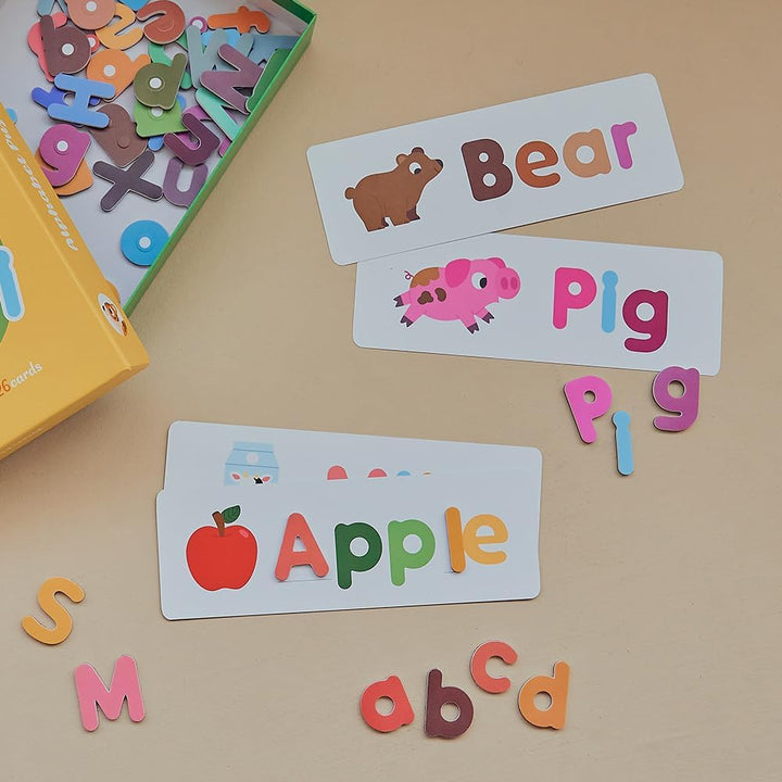 Hattung Magnetic Alphabet Set Extra-Thick, Multicolor Letters with Matching Flashcards - Safe, Non-Toxic Foam for Early Learning, Spelling, Vocabulary