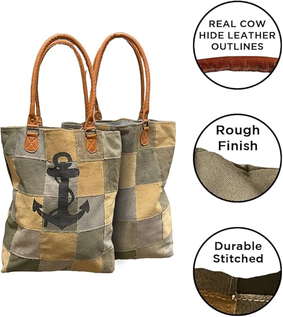 Amber Fight Gear Recycled Canvas Anchor Print Bag Market Beach Travel Reusable Grocery Shopping Tote Bag Portable Storage Hand Bags 14?x16?