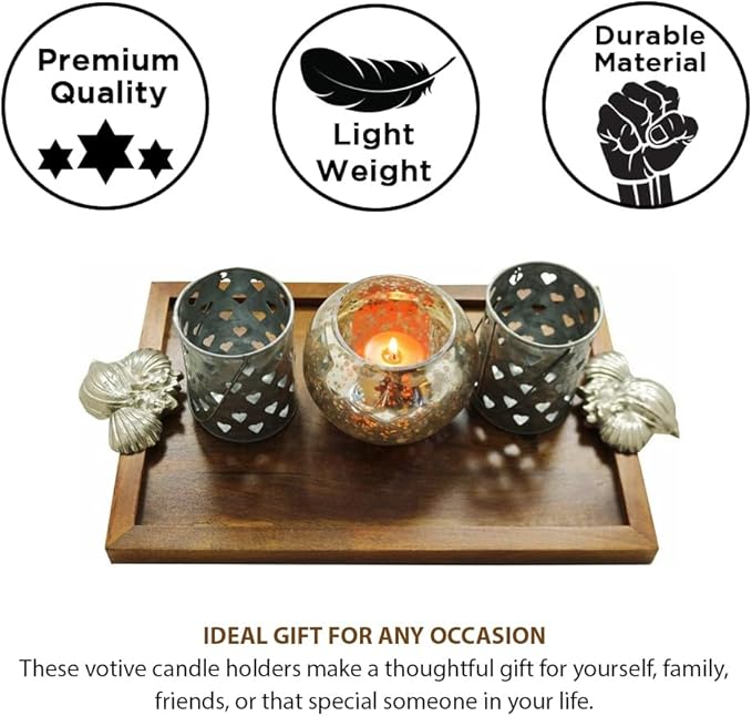 Champagne Collection Etched Diamond Shaped Handmade Glass Votive Candle Holders for Weddings and Home Decor (Set of 3), Large